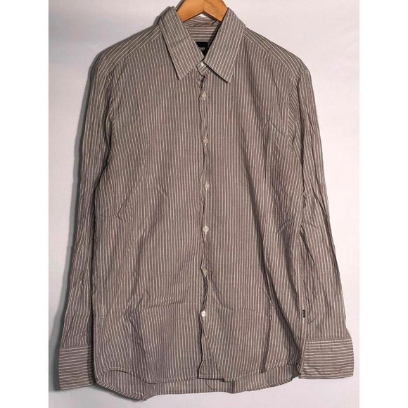 Hugo Boss Shirt Mens Size Large L Button Front Fitted Grey‎ and White Striped - Picture 1 of 5